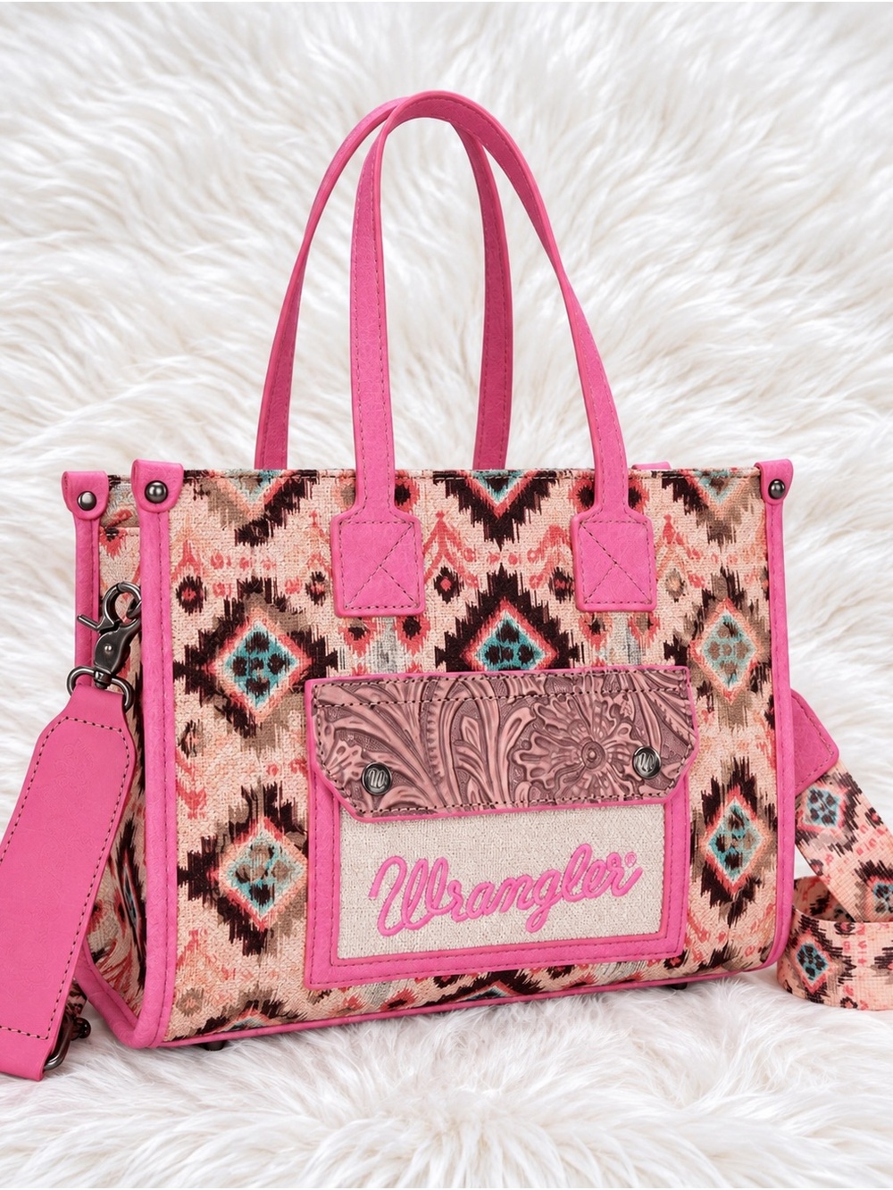 Wrangler Southwestern Print Tote Bag – Pink Trim & Crossbody Strap
